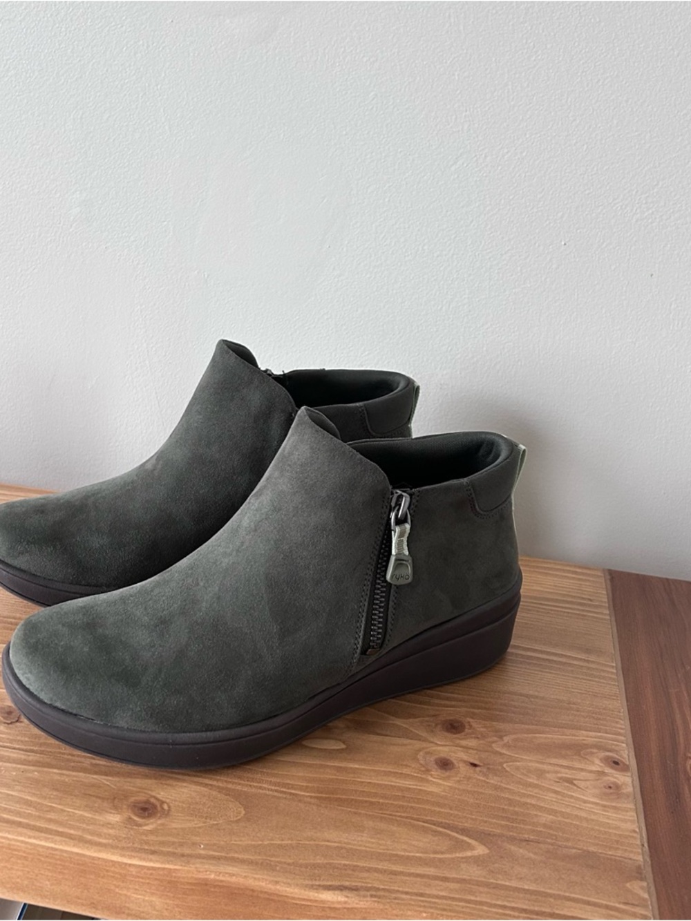 Ryka Olive Suede Wedge Ankle Booties with Side Zip